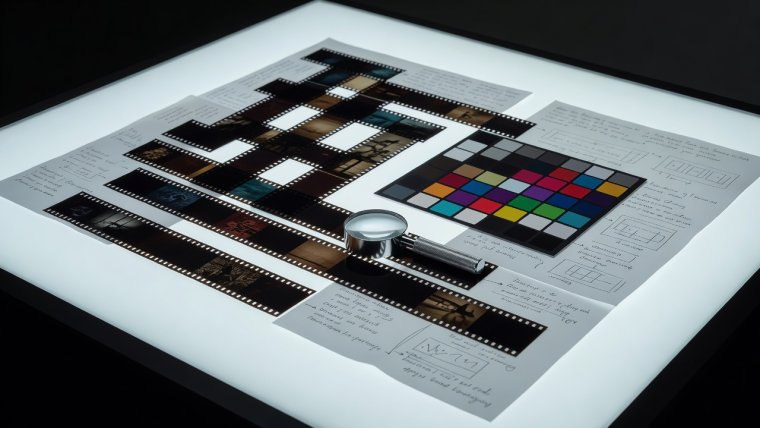 Close-up of a light table with photographic film strips, color calibration patches, and analytical notes