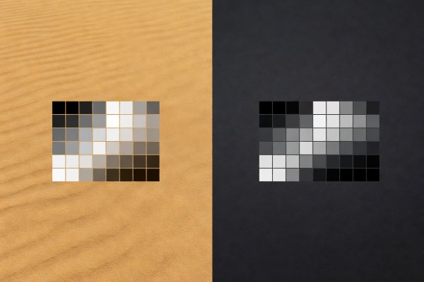 Color calibration proof comparing warm sand backdrop against deep charcoal backdrop